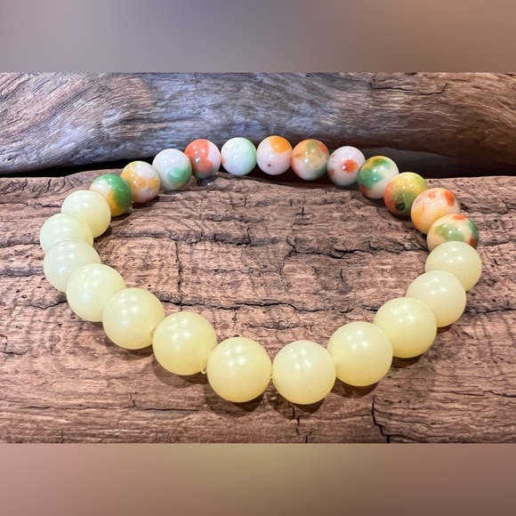 New Lemon Jade & White Jade Bracelet Natural Stone Beaded Stretchy (8mm) - Picture 2 of 6